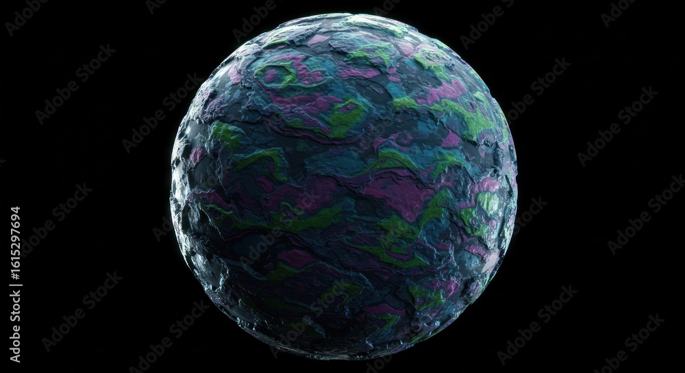 Poster abstract colorful sphere with textured surface on black background.