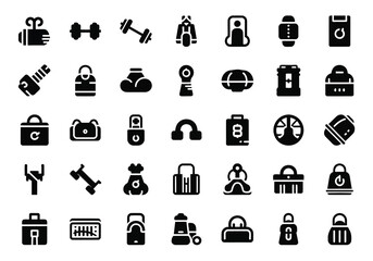 Vector art of a collection of fitness and travel related icons representing gym equipment and travel bags