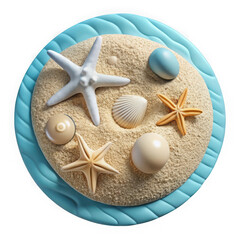 Artistic 3d rendering of a miniature beach scene with starfish seashells and sand