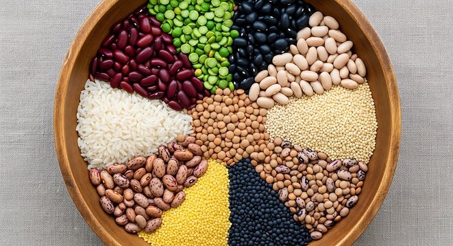 A wooden bowl filled with sections of various dried legumes, grains, and seeds, arranged in a colorful, segmented pattern.