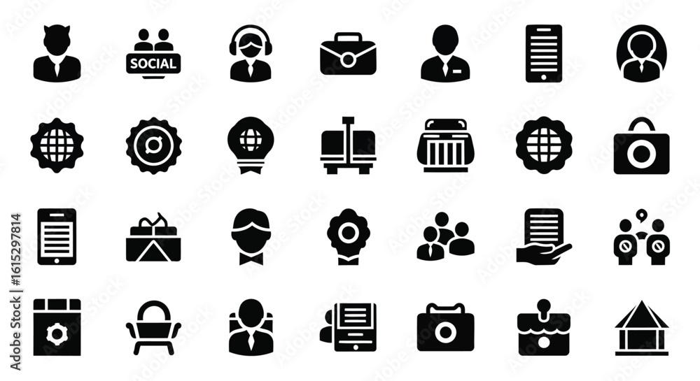 Poster vector art of a comprehensive set of business and office icons representing various professional con