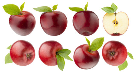 Juicy red apples rich set, whole and cut on half, with green leaves, tails, different,  sides, studio shot, isolated on white background. Summer fresh natural fruits as design elements.