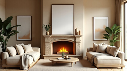 Beige Living Room Interior with a Stone Fireplace: A Warm and Inviting Space for Comfort