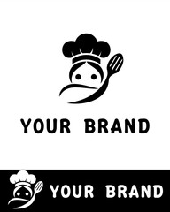 Creative chef logo design featuring a smiling face with a chef hat and cooking spoon in flat and minimalist style 