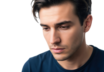 Young Man with Serious Expression Looking Down, isolated on a transparent background

