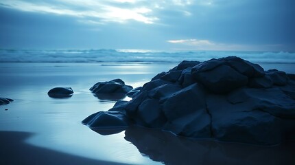 High-resolution stock photo a beach scene in cool colors, commercial quality, professional, blues, greens, and purples, soft lighting