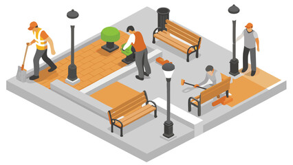 Isometric view of park maintenance with workers cleaning and repairing benches and landscaping area