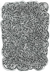 A dense pattern of black swirling lines that form multiple intersecting spirals. The composition resembles a ball of thoughts or a labyrinth consisting of repeating vortices filled with dense energy.