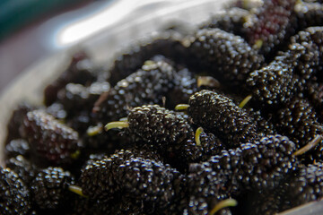 Fresh mulberry in a bowl. Selective focus. Close up.