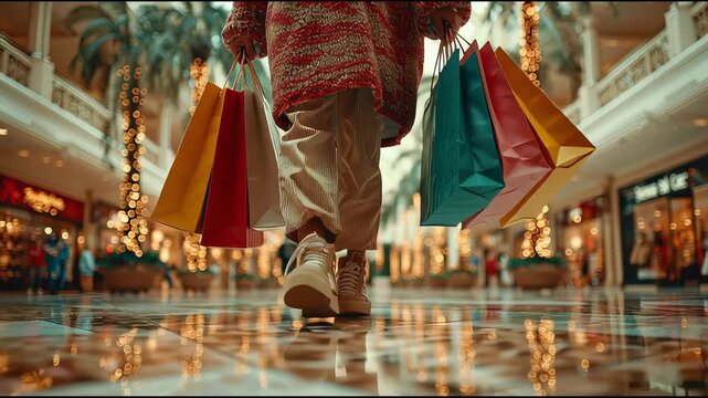 Close-up of a person in casual clothing walking through a brightly lit shopping mall, holding multiple colorful shopping bags in each hand