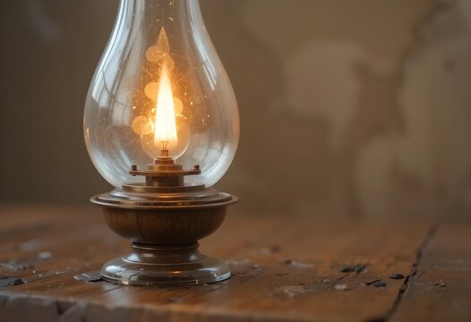 Experience the warm glow of an antique oil lamp illuminating a rustic wooden table, capturing a cozy and nostalgic atmosphere for your creative projects