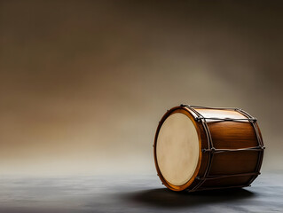Fototapeta premium Wooden drum, light brown color, simple design, studio shot, on a neutral background. The drum's surface is smooth, and the skin is light beige. Dark brown, tight ropes encircle the drum