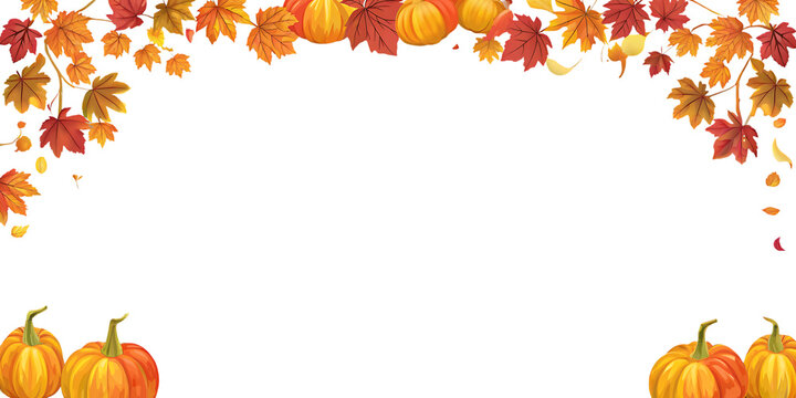 Autumn leaves and pumpkins border isolated on transparent background - Powered by Adobe