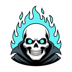 Skull with Blue Flames and Hooded Cloak Illustration