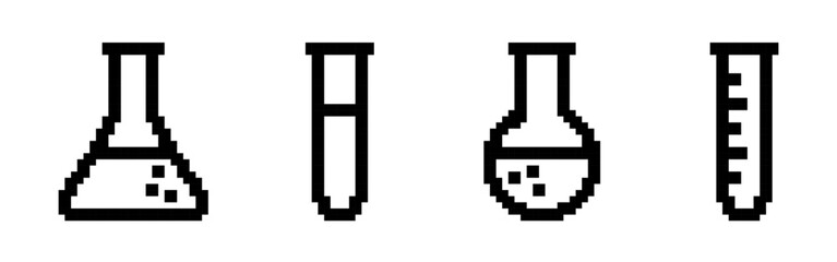 Lab flask pixel icons set. Chemical flask, science, test tube, laboratory glass symbol. Pixel art.