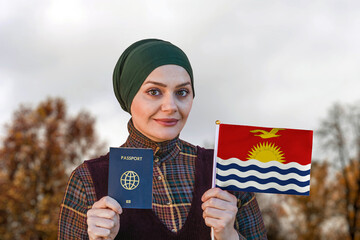Muslim Woman Holding Passport and Flag of Kiribati
