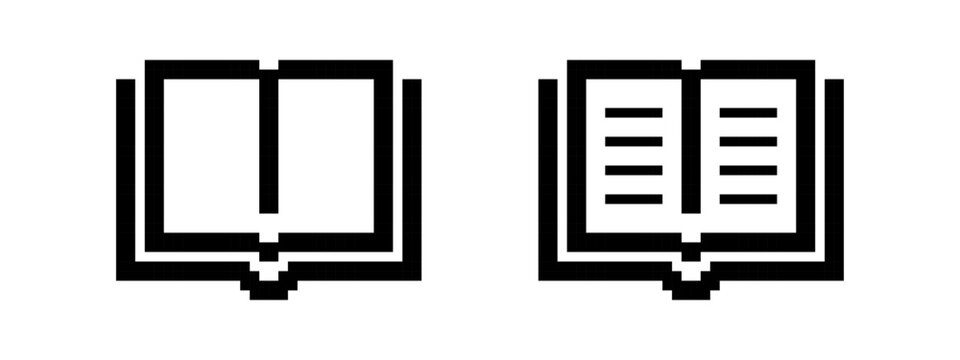 Open book pixel icons set. Knowledge and library, study, literature or science. Pixel art.