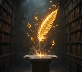 Elegant quill pen emitting magical golden light in a vintage library for fantasy book covers, creative writing concepts, and historical tales