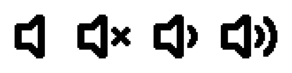 Obraz premium Volume pixel icons set. Black volume sound, speaker, loudspeaker, mute and unmute volume sound. Pixel art.