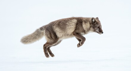 Naklejka premium Arctic fox leaping with agility over the pristine winter landscape backdrop during hunt