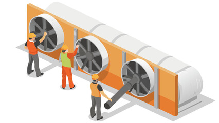 Workers installing large industrial fans on a ventilation system in an isometric illustration