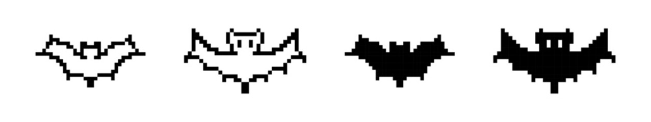 Black bat pixel icons set. Halloween symbol for holiday horror night. Flying vampire bat. Pixel art.