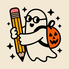 Ghost Student Holding Pencil With Halloween Backpack Cartoon