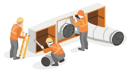 Illustration of workers installing ventilation system with ducts and fans in a building structure
