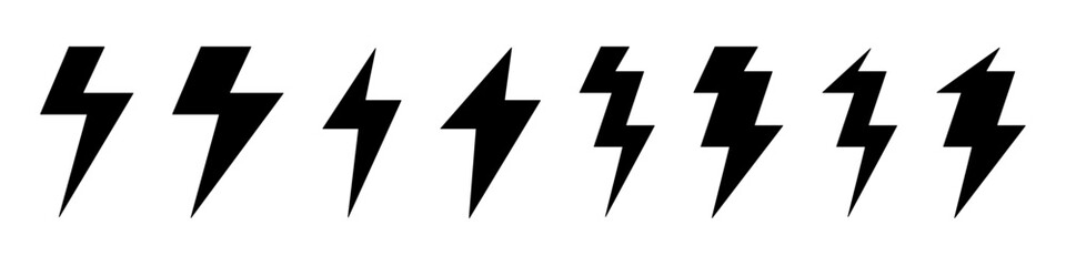 Lightning bolt icons set. Thunderbolt, flash, electric power, energy symbol. Vector illustration.