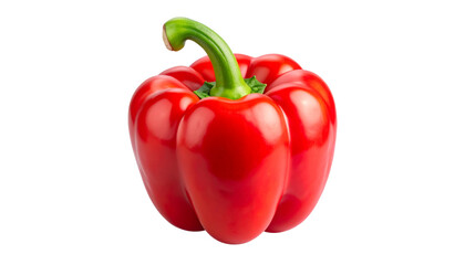 Fresh red bell pepper with a glossy surface and vibrant color, featuring a green stem, fully isolated on a transparent PNG background