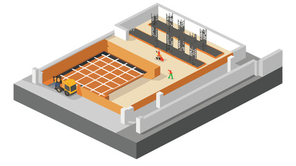 Isometric view of a construction site with workers forklift scaffolding and a grid structure in progress