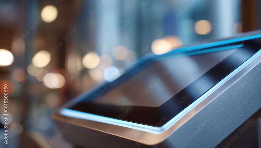 Poster close-up of a sleek digital touchscreen device with blurred bokeh background for technological conce