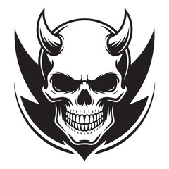 Fototapeta premium Black and white devil skull with horns and wings emblem