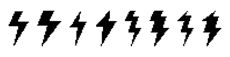 Fototapeta premium Lightning bolt pixel icons set. Thunderbolt, flash, electric power, energy symbol. Pixel art.