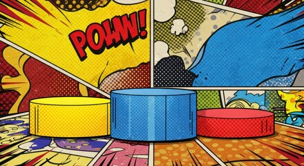 Vibrant comic book backdrop with layered podiums and dynamic pop art effects