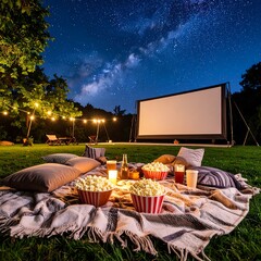 Outdoor movie night picnic under stars