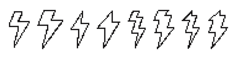 Lightning bolt pixel icons set. Thunderbolt, flash, electric power, energy symbol. Pixel art.