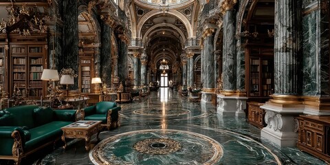Obraz premium Magnificent library interior with green leather-bound books and white marble columns, scholarly atmosphere, architectural grandeur