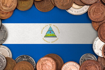 Coins on flag of Nicaragua trading investment business currency concept
