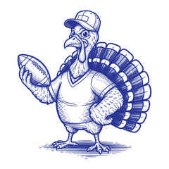 A cartoon turkey wearing a baseball cap and a t-shirt, holding a football, ready for a game.