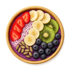 Colorful acai bowl with fresh fruits and seeds, top view