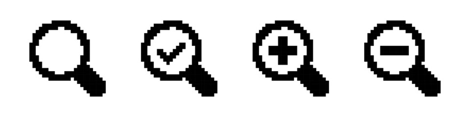 Magnifying glass pixel icons set. Zoom, loupe, search, check, magnifier symbol. Pixel art.