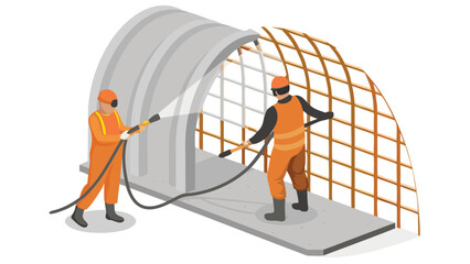 Two workers in orange suits pressure washing a curved structure and a wire grid structure