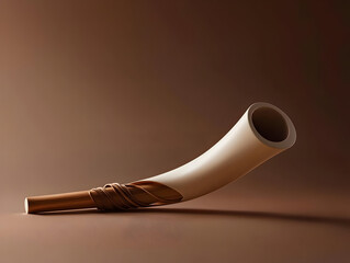 A  horned musical instrument,  cream-colored with a  copper-toned  band,  resting on a  brown background