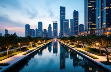 City skyline with modern skyscrapers reflecting in a central water feature during twilight