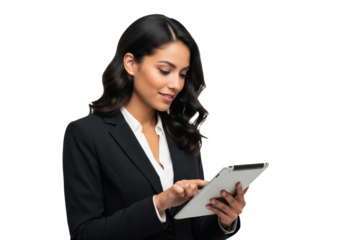 Smiling Businesswoman Using Tablet, isolated on a transparent background