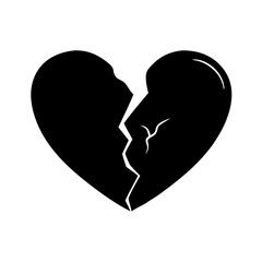 Cracked broken heart silhouette icon-Black and white illustration of a broken heart with visible cracks, symbolizing emotional pain, love loss, or relationship breakup.