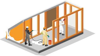 Workers insulating a building frame with spray foam and painting walls in a construction site scene