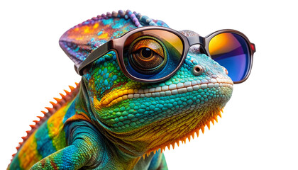 Colorful chameleon lizard wearing stylish sunglasses, featuring vibrant, creative hues and textured scales, fully isolated on a transparent PNG background