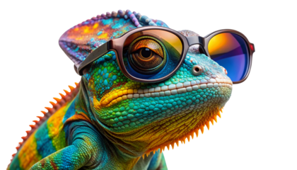 Colorful chameleon lizard wearing stylish sunglasses, featuring vibrant, creative hues and textured scales, fully isolated on a transparent PNG background